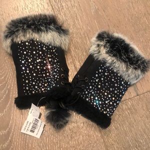 Black Fur lined fingerless gloves with crystals